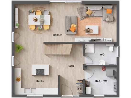 Erdgeschoss des Flair 134 mit einem offenen, großzügigen Wohnbereich und eleganter Treppe.