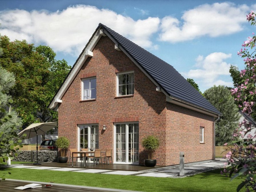 Das Raumwunder 90 mit Dachüberstand und Blick in den idyllischen Garten mit Terrasse